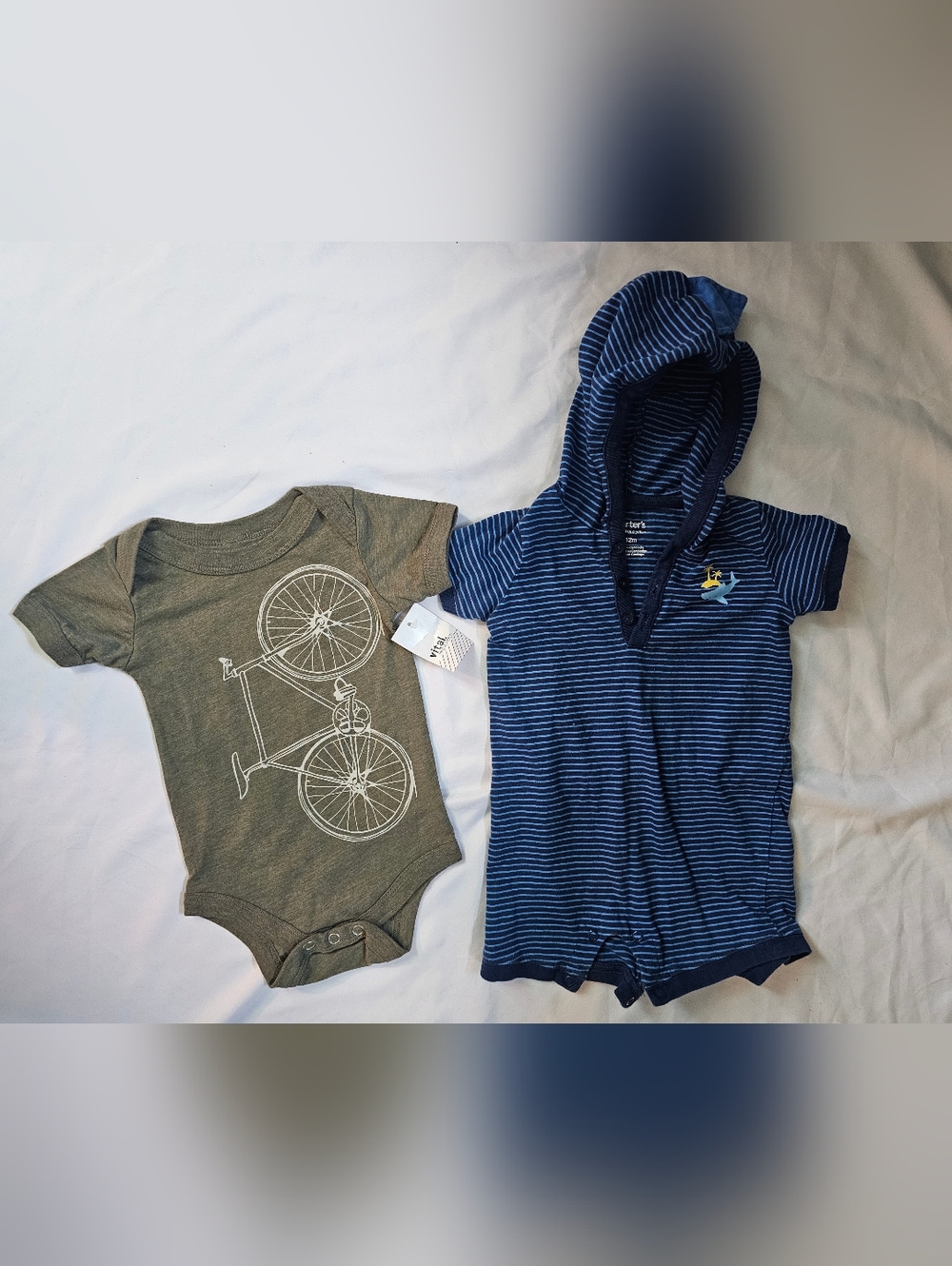 Set Of 6-12 Month Unisex One Pieces- Green Bicycle Onesie NWT & Striped Romper